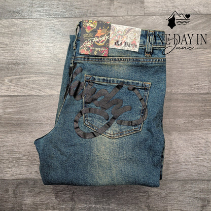 Ed Hardy Low Rise Bootcut Jeans Tattoo Mother Graphic Medium Tint NWT Size L