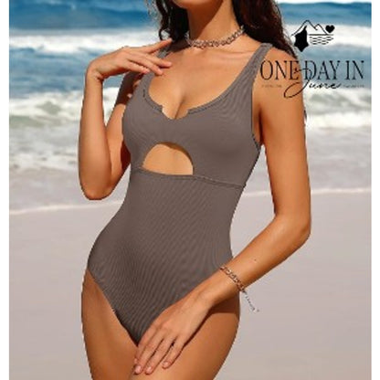 Charmo Ribbed Keyhole Cutout One Piece Swimsuit Brown Taupe NWT Size S