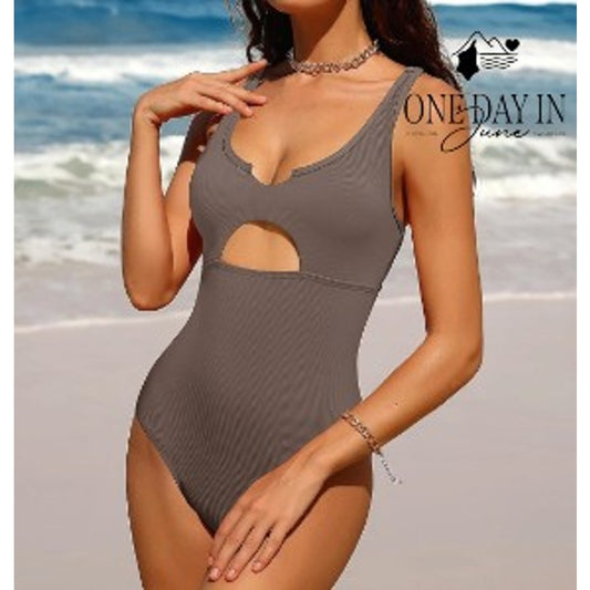 Charmo Ribbed Keyhole Cutout One Piece Swimsuit Brown Taupe NWT Size S