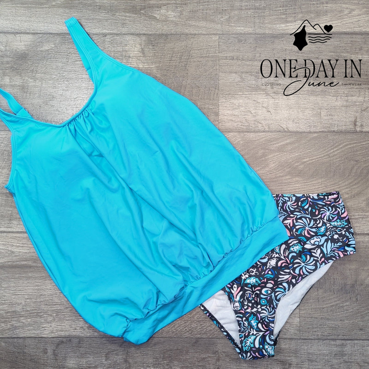 Yonique Blouson Tankini Swimsuit 2 Piece Turquoise Floral Bottoms NWT Size M