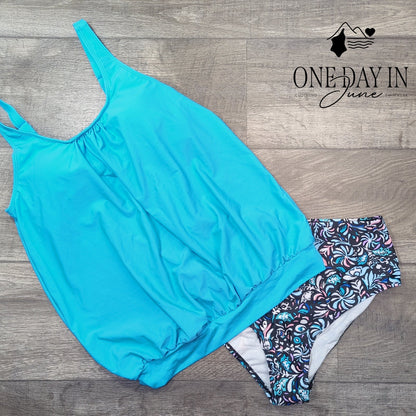 Yonique Blouson Tankini Swimsuit 2 Piece Turquoise Floral Bottoms NWT Size M