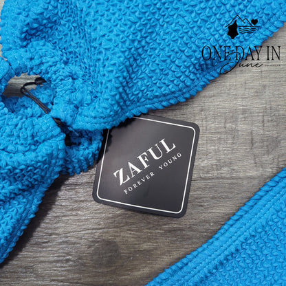 Zaful Textured Bandeau Bikini Set Blue O Ring Tie Back High Cut NWT Size M