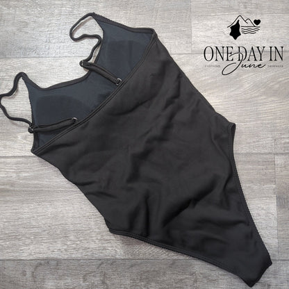 Adisputent Ribbed High Cut One Piece Swimsuit Black Spaghetti Strap Size S