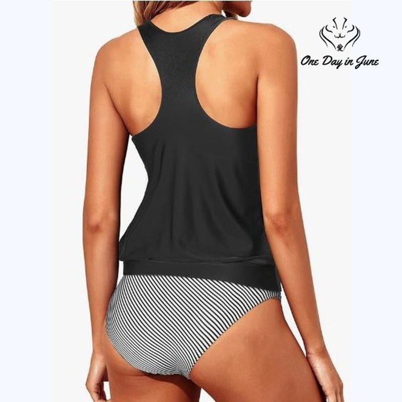 Yonique Blouson Racerback Tankini Swimsuit Black Striped 2 Piece NWT Size XS