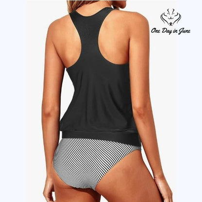 Yonique Blouson Racerback Tankini Swimsuit Black Striped 2 Piece NWT Size XS