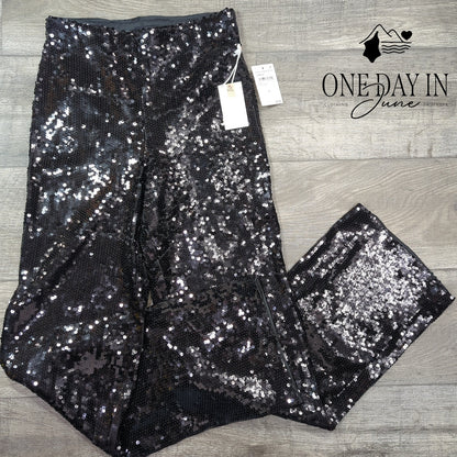 Good American \Sequin Wide Leg Pull On Pants Black NWT $159 Size M