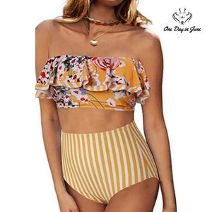Ferbia Bandeau Bikini Swimsuit Floral Ruffle High Waist Yellow NWT Size L