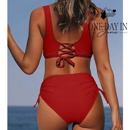 Beachsissi Twist Front High Waist Bikini Swimsuit Size L