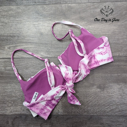 Bar III Summer Stripes V-Wire Tie Back Bikini Top Purple Fuchsia NWT Size M