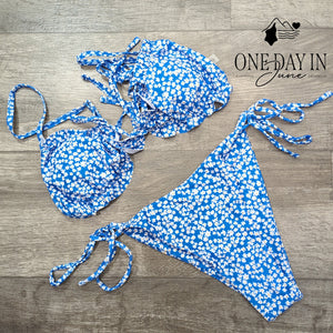 Zaful Floral Bikini Swimsuit Blue Ruffle Tie Side 2 Piece NWT Size M