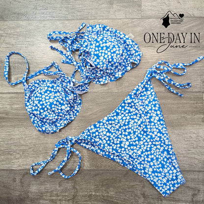 Zaful Floral Bikini Swimsuit Blue Ruffle Tie Side 2 Piece NWT Size M