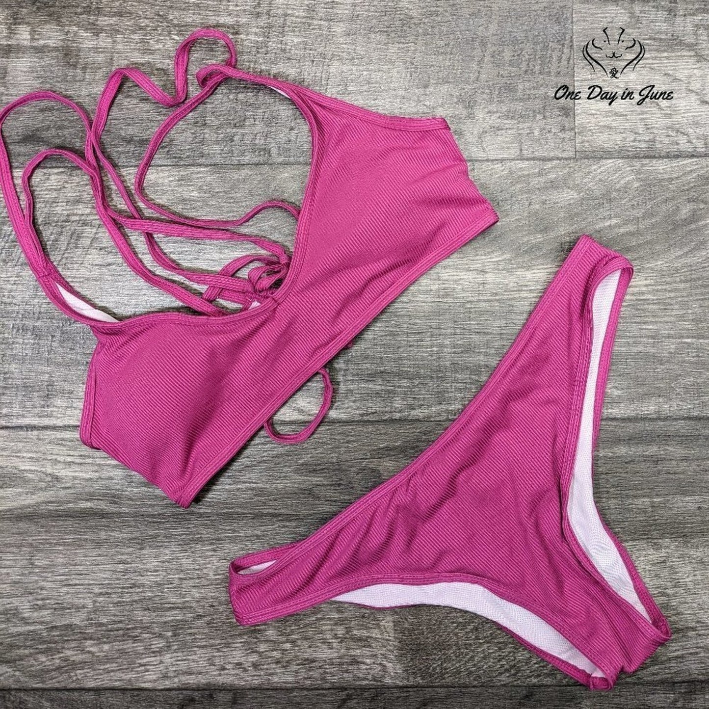 Amzbrly Lace Up Back Ribbed Bikini Swimsuit Size L