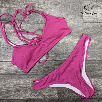 Amzbrly Lace Up Back Ribbed Bikini Swimsuit Size L