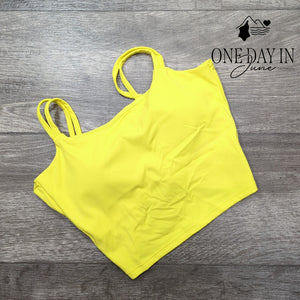 Yonique Twist Back Sports Bra Neon Yellow Strappy Athletic Swim Top Size S