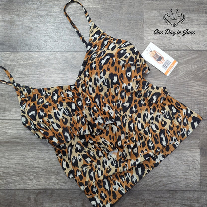 Into The Bleu Leopard Flounce Tankini Top Size M