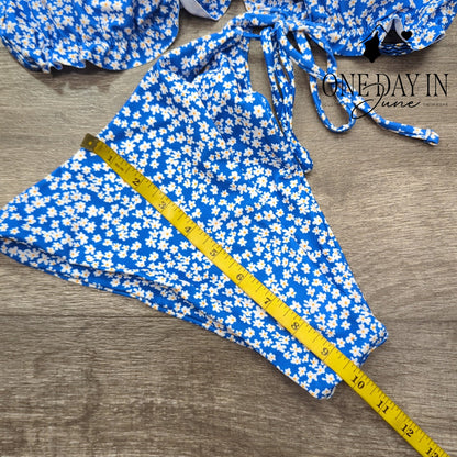 Zaful Floral Bikini Swimsuit Blue Ruffle Tie Side 2 Piece NWT Size M