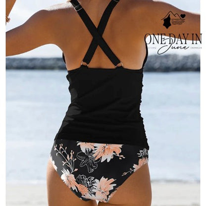 Beachsissi V Neck Ruched Cross Back Tankini Swimsuit Black Floral NWT Size L