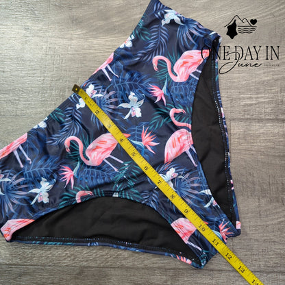 Yonique Blouson Tankini Swimsuit Black Flamingo Print NWT Size L