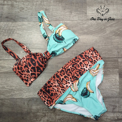 ODIJ Leopard Banana Print Knot Front High Waist Bikini Swimsuit Size XL