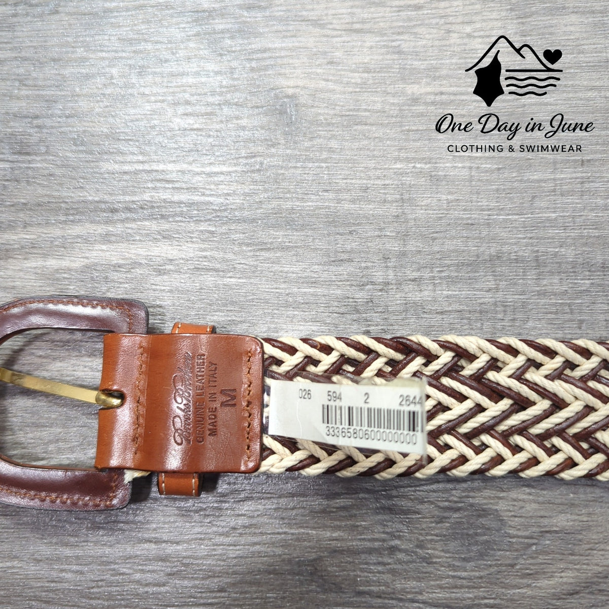 Brooks Brothers Italian Woven Braided Belt Brown Cream Leather Size M