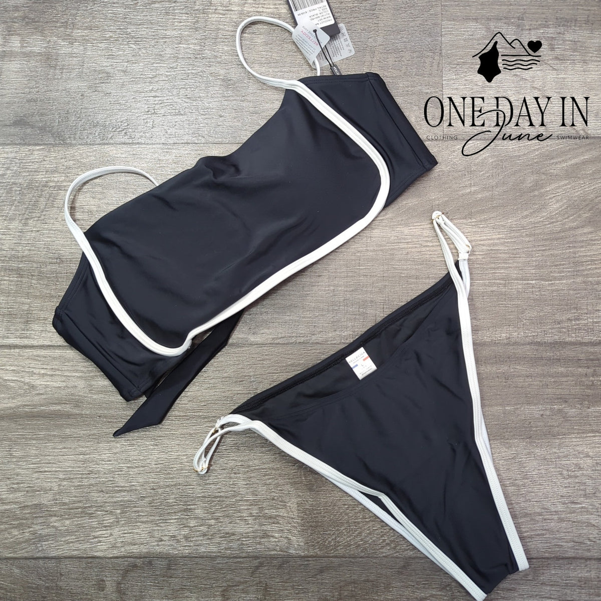 Relleciga Black White Trim Tie Back Bikini Swimsuit NWT Size L