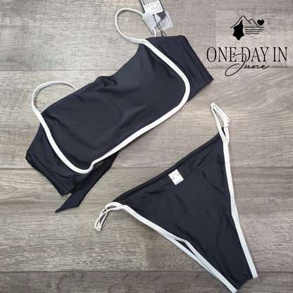 Relleciga Black White Trim Tie Back Bikini Swimsuit NWT Size L