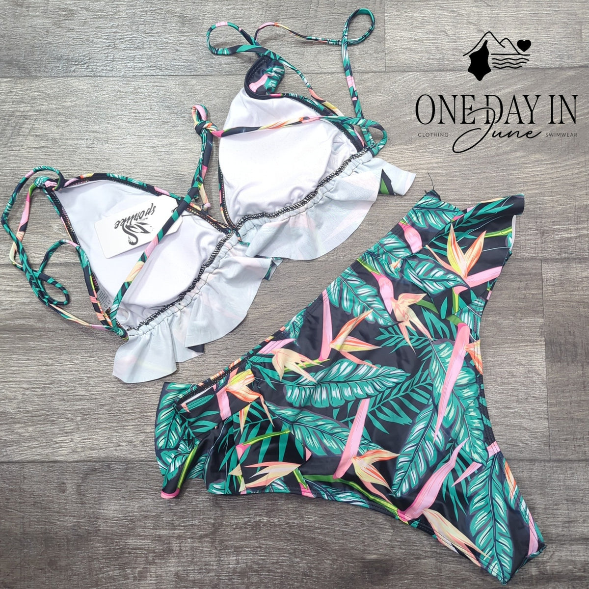 Sporlike Tropical Ruffle Triangle High Waist Bikini Swimsuit NWT Size L