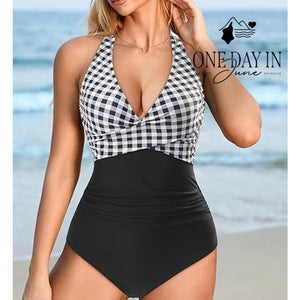 Suuksess Gingham Halter One Piece Swimsuit Black White NWT Size M