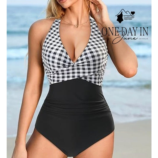 Suuksess Gingham Halter One Piece Swimsuit Black White NWT Size M