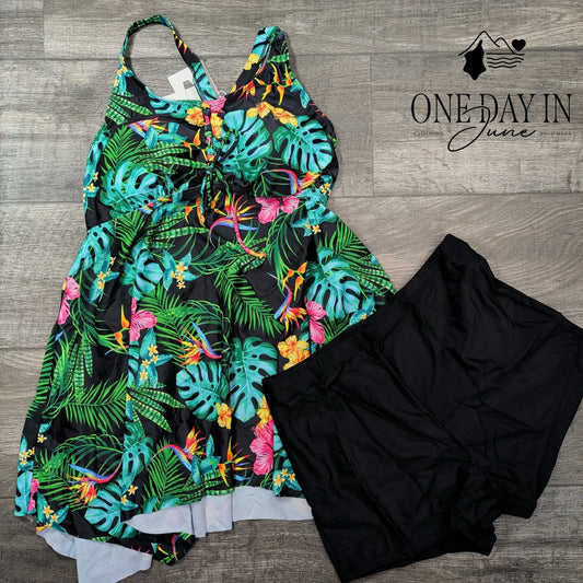 Nieyook Plus Size Tropical Swimdress Boyshort Tankini Swimsuit Size 14W