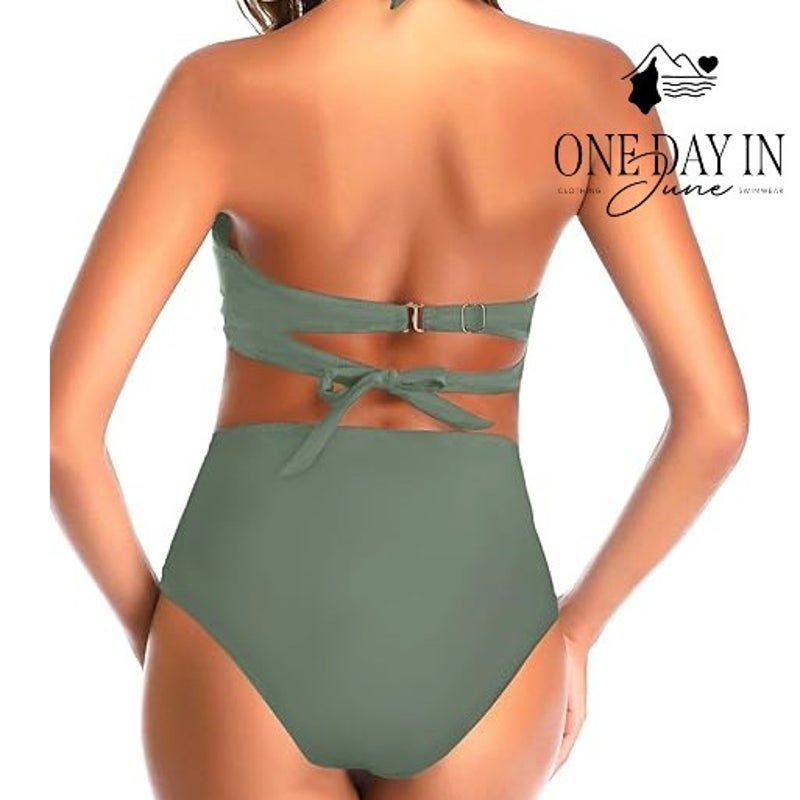 Tempt Me Cross Front High Waisted Bikini Swimsuit Sage Green NWT Size M