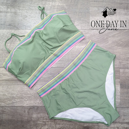 Adisputent High Waisted Crop Bikini Swimsuit Sage Green Rainbow Trim Size XL