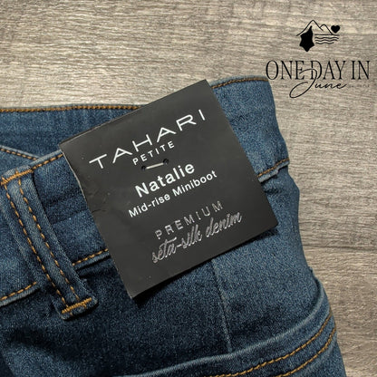 Tahari Petite Natalie Mid Rise Miniboot Jeans Seta Silk Denim NWT Size 12P