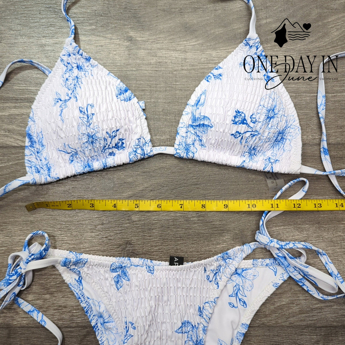 Volafa Smocked Floral Halter Tie Side Bikini Swimsuit Blue White Size L