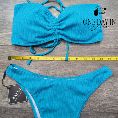 Zaful Textured Bandeau Bikini Swimsuit Turquoise Blue Ruched NWT Size S