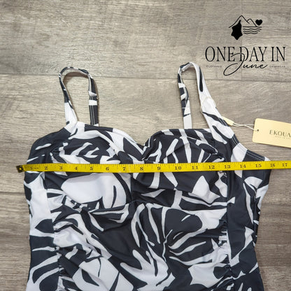 Ekouaer Twist Front Tummy Control One Piece Swimsuit Black White NWT Size XL