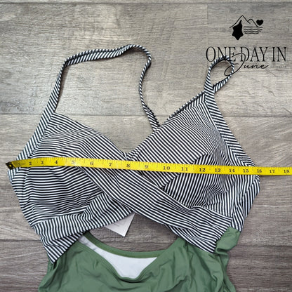 Eomenie Cross Front Cutout One Piece Swimsuit Olive Green Striped NWT Size M