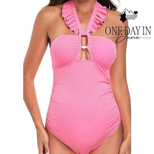 East Elegant Ribbed Ring Cutout Maternity One Piece Swimsuit Size S