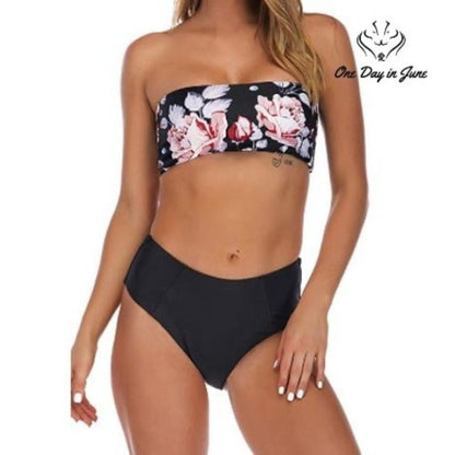 Omkagi Bandeau High Waist Bikini Womens Black Floral High Cut 2 Piece NWT Size L