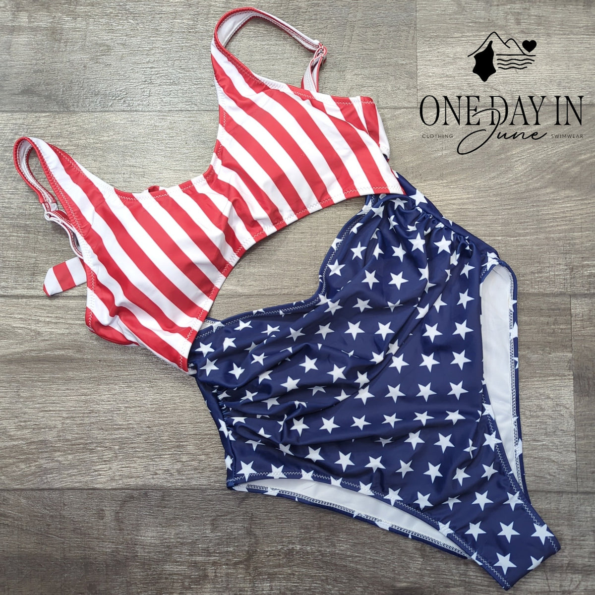 Vimpunec Cut Out Tie Back One Piece Swimsuit USA Flag Stars Stripes Size M
