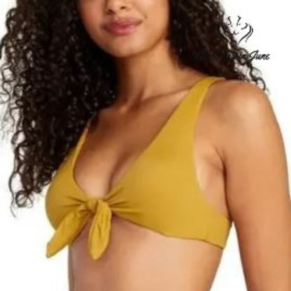 RVCA Tie Front Bralette Bikini Top Mustard Yellow Gold NWT $60 Size L