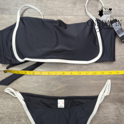 Relleciga Black White Trim Tie Back Bikini Swimsuit NWT Size L