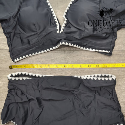 Sporlike Ruffle Shoulder Tie Back High Waist Bikini Swimsuit Black NWT Size M