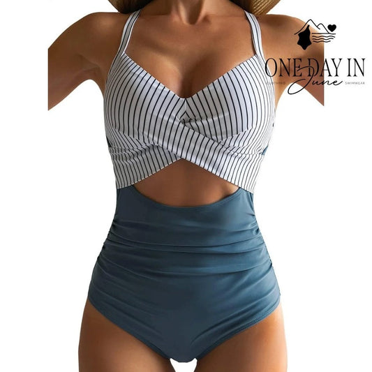 Eomenie Cross Front Cutout One Piece Swimsuit Blue Striped Ruched NWT Size XL