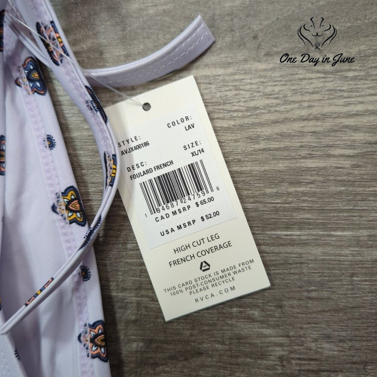 RVCA Foulard French Bikini Bottom Lavender Tie Side High Cut NWT Size XL