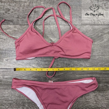 Amzbrly Lace Up Back Ribbed Bikini Swimsuit Size M