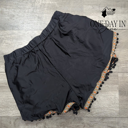 CharmLeaks Womens Pom Pom Trim Boho Swim Cover Up Shorts Black Size L
