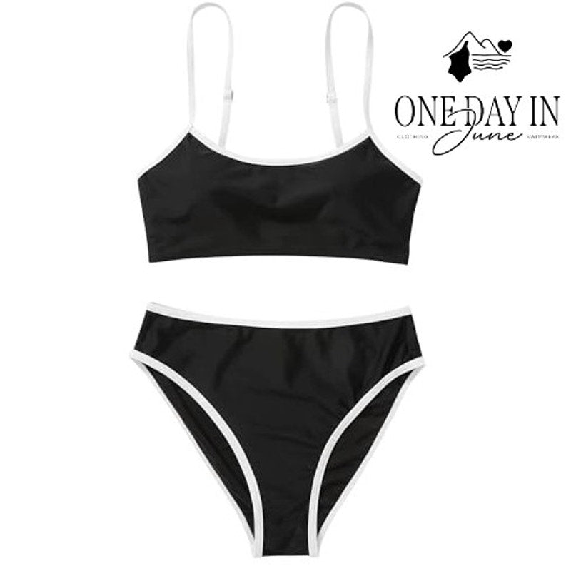 Suuksess Crop Bikini Swimsuit Black White Contrast Trim 2 Piece Size M