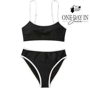 Suuksess Crop Bikini Swimsuit Black White Contrast Trim 2 Piece Size M