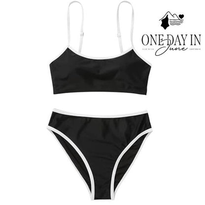 Suuksess Crop Bikini Swimsuit Black White Contrast Trim 2 Piece Size M